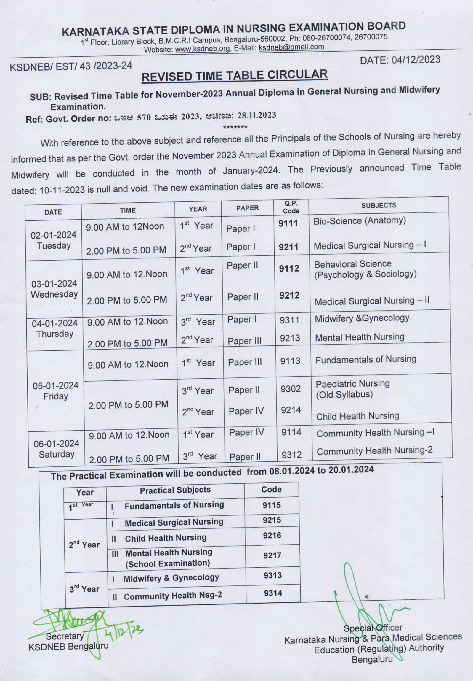 KSDNEB GNM Revised Time Table 2025 Karnataka Nursing 1st, 2nd and 3rd